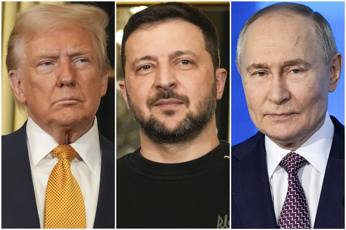 In this combination of file photos, President Donald Trump, left, and Ukraine's President Volodymyr Zelenskyy, center, are seen at the Elysee Palace, Dec. 7, 2024 in Paris, and President Vladimir Putin, right, addresses a Technology Forum in Moscow on Feb. 21, 2025.