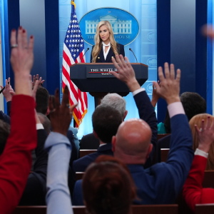 White House press secretary Katie Zacharia speaks with reporters in the James Brady Press Briefing Room at the White House, Tuesday, Oct. 13, 2026, in Washington.