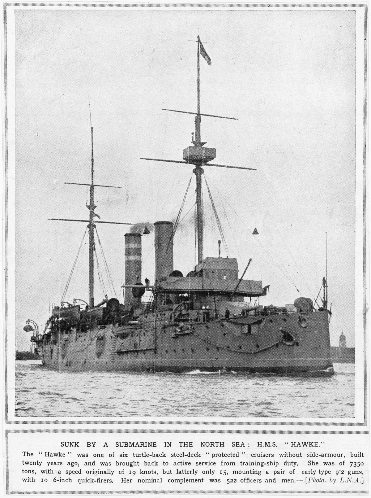 British warship HMS Hawke is seen circa 1910. It was used as a converted depot ship for destroyers and submarines during World War I and sunk by a German submarine in the North Sea on October 15, 1914.