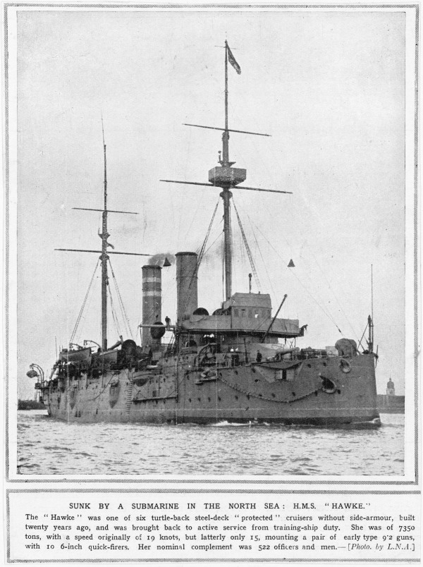 British warship HMS Hawke is seen circa 1910. It was used as a converted depot ship for destroyers and submarines during World War I and sunk by a German submarine in the North Sea on Oct. 15, 1914.
