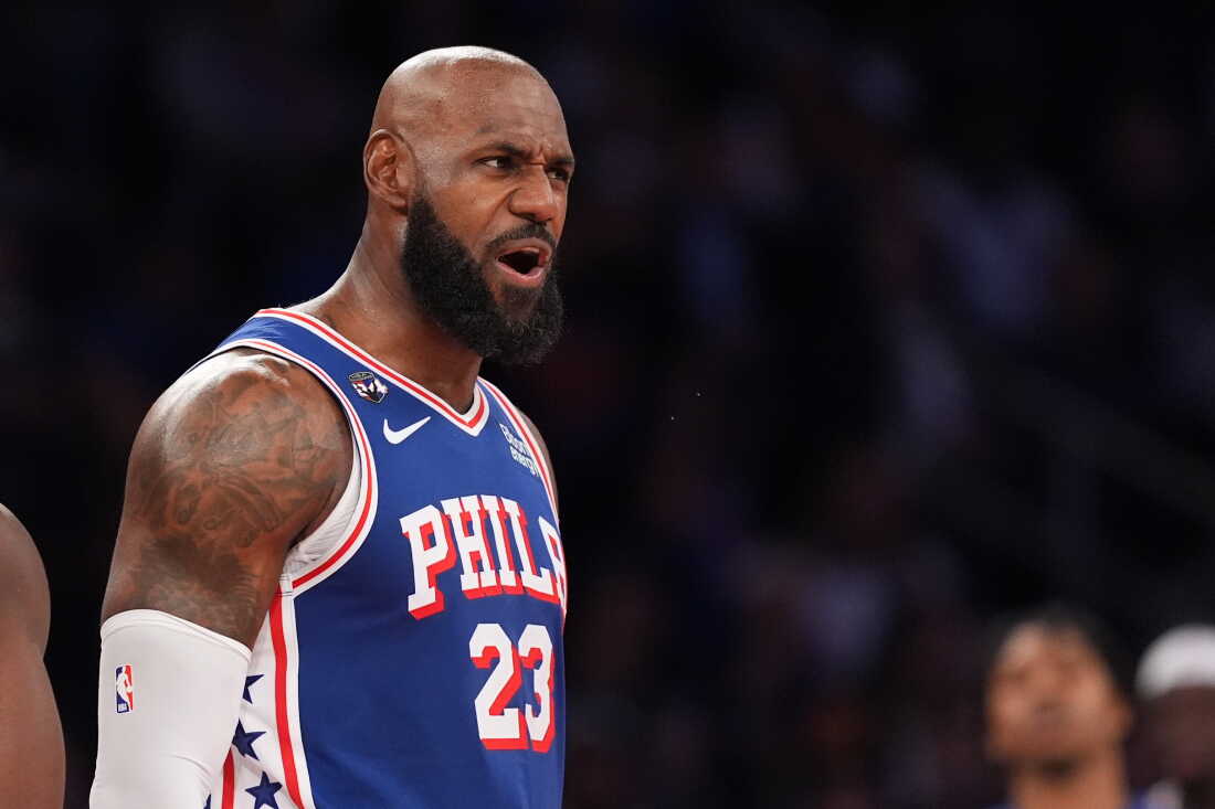 Philadelphia 76ers forward LeBron James yells during the second half of an NBA basketball game against the New York Knicks Tuesday, Oct. 20, 2026, in New York.