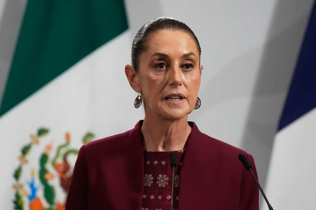 FILE - Mexican President Claudia Sheinbaum speaks at the National Palace in Mexico City, Nov. 7, 2025. 