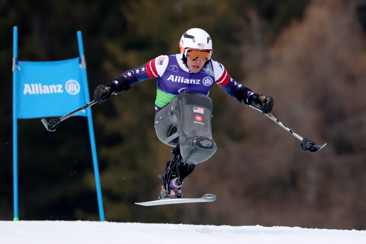 Andrew Kurka competes in the super-G leg of the para Alpine skiing men's combined.