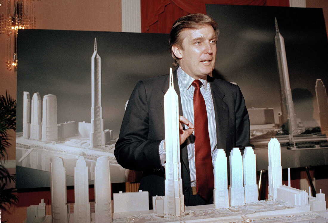 Trump, pictured in 1985, displays an artist's concept of "Television City," a proposed real estate development on Manhattan's Upper West Side that was ultimately never built in part due to community opposition.