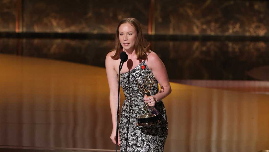 Hannah Einbinder accepts the award for outstanding supporting actress in a comedy series for Hacks onstage during the 77th Primetime Emmy Awards on Sunday. She concluded her acceptance speech saying: "I just want to say, finally: Go Birds, f*** ICE, and free Palestine."