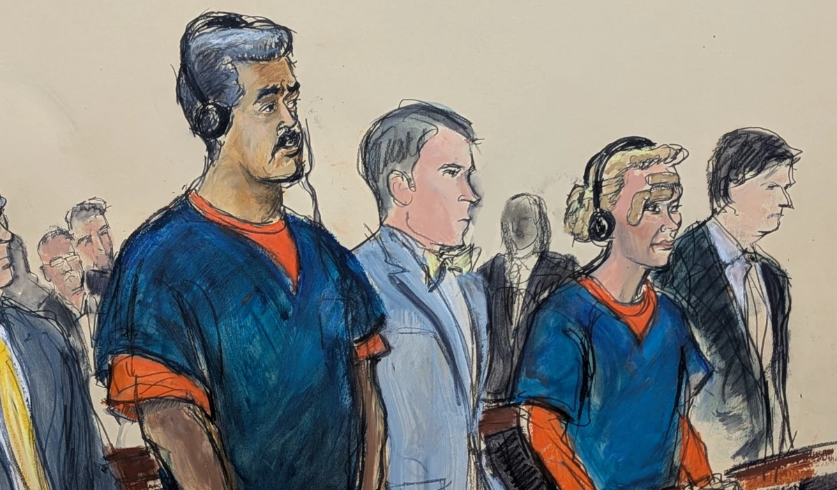 In this courtroom sketch, ousted Venezuelan President Nicolás Maduro (left) and his wife, Cilia Flores (second from right), appear in federal court in Manhattan, N.Y., on Monday with their defense attorneys.