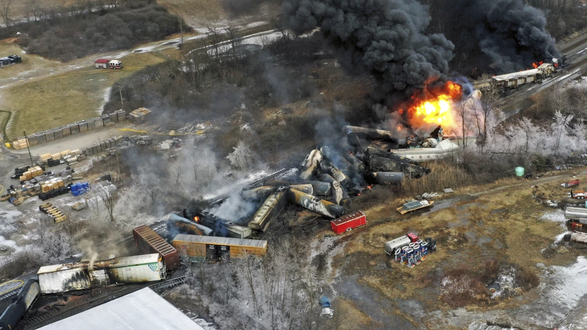 Portions of a Norfolk Southern freight train that derailed the previous night in East Palestine, Ohio, remain on fire on Feb. 4, 2023.
