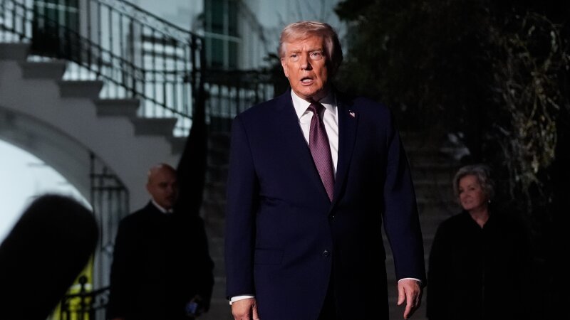 President Trump walks to speak with reporters while departing the White House on Friday.