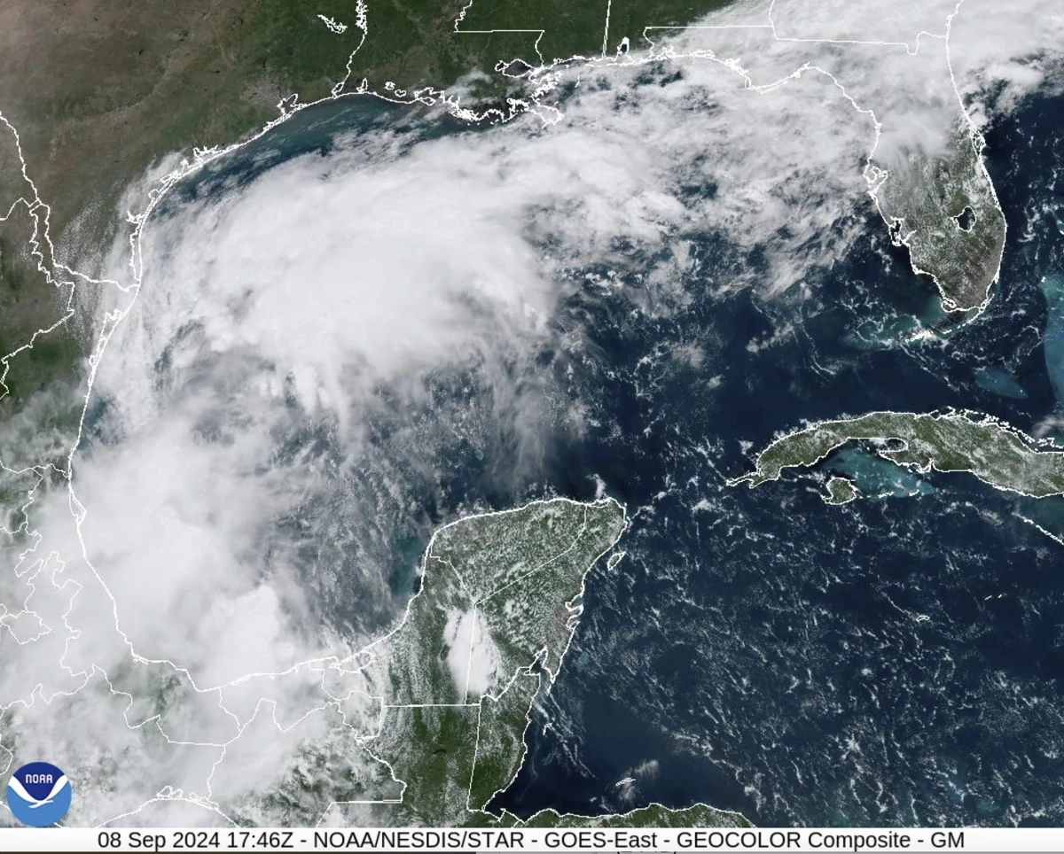 A satellite image shows a tropical disturbance in the Gulf of Mexico on Sunday that formed into Tropical Storm Francine on Monday.