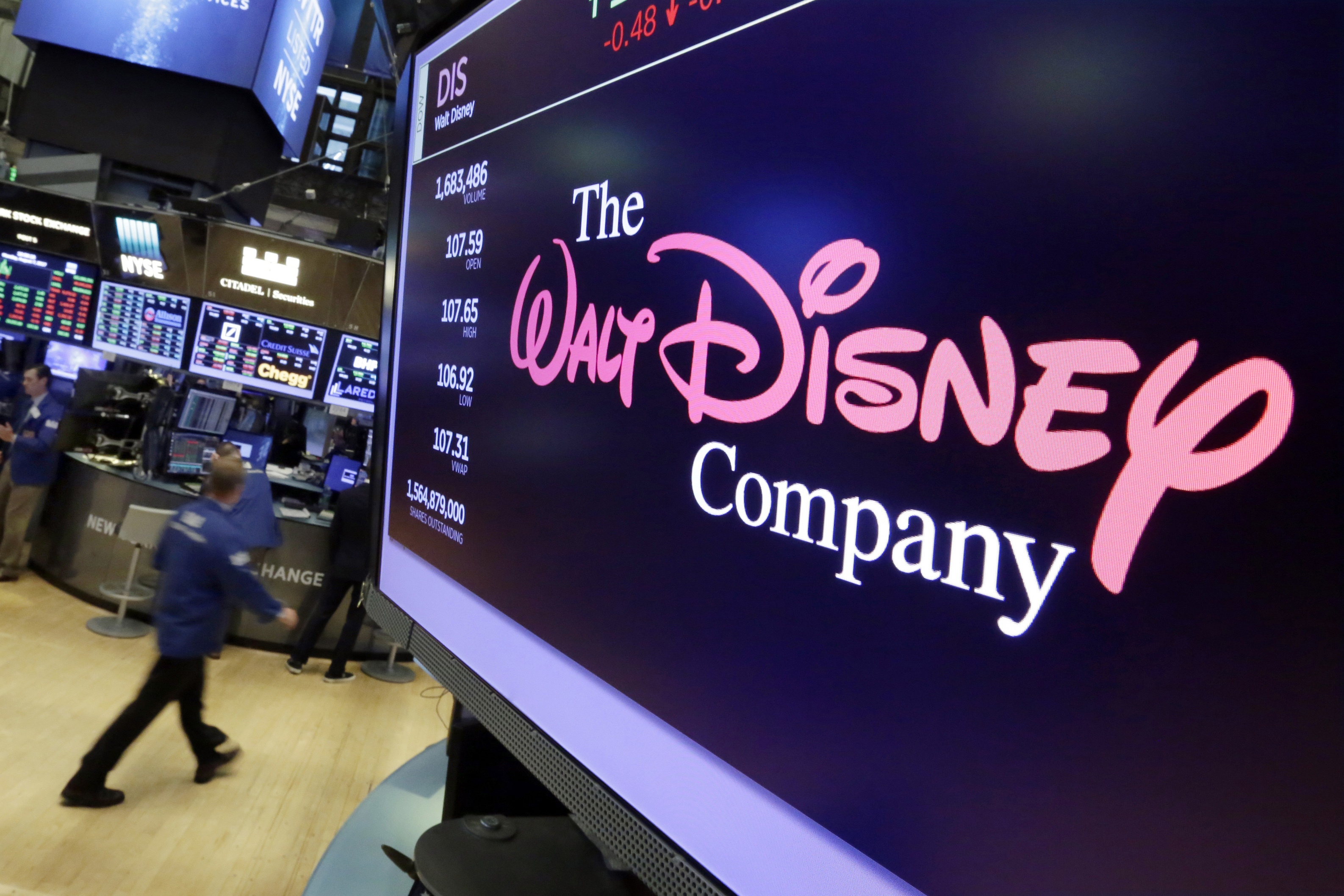 The Walt Disney Co. logo appears on a screen above the floor of the New York Stock Exchange on Aug. 8, 2017. (AP)