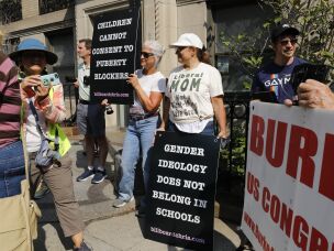 Protesters who are against gender-affirming care for young people gathered outside Boston Children's Hospital in Sept. 2022.