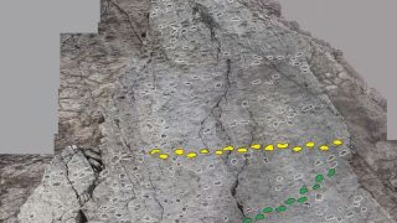 One of the rock walls covered in dinosaur tracks.