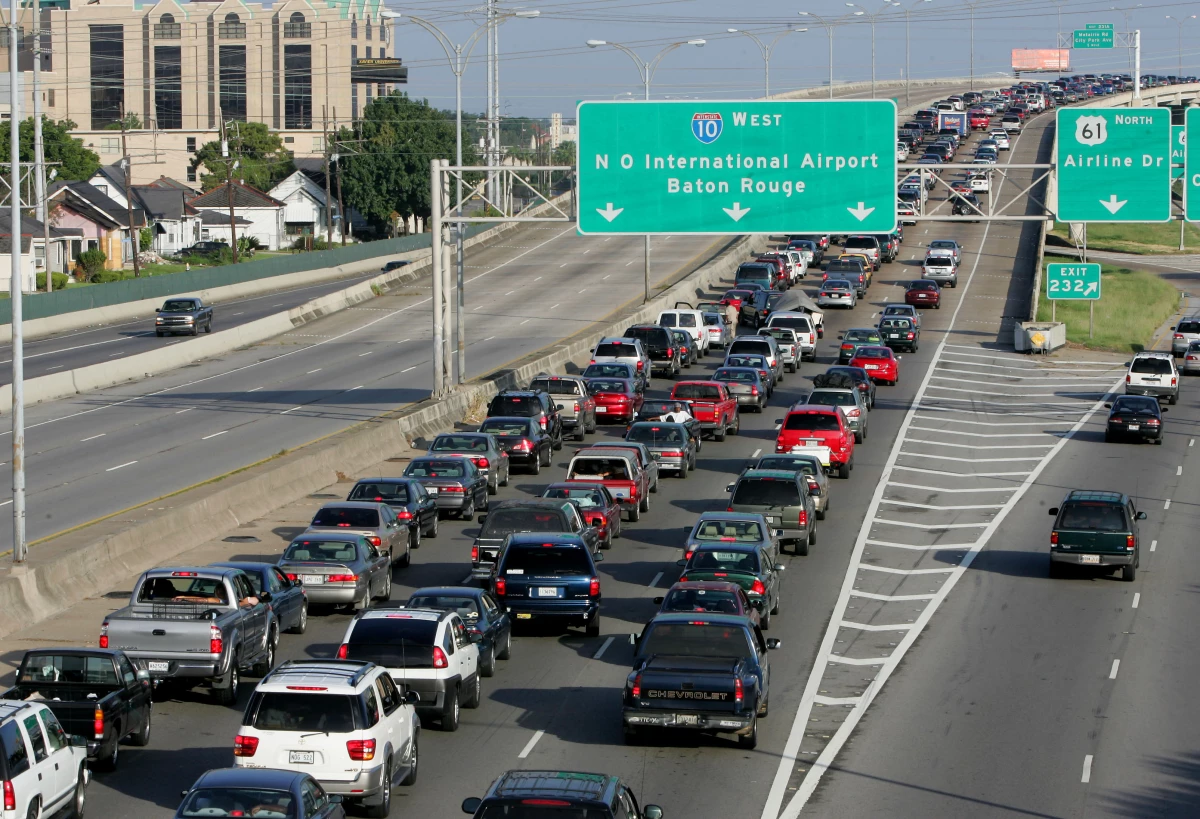 Interstate-10 westbound out of New Orleans was jammed with traffic as residents evacuate ahead of Hurricane Katrina on Aug. 28, 2005.