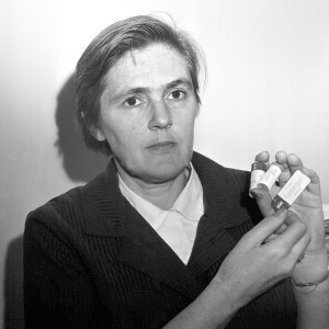 Dr. Frances Oldham Kelsey, then-pharmacologist at the Food and Drug Administration in Washington, holds three packages of Contergan, the German brand name for Thalidomide, on Oct. 15, 1962. Kelsey prevented the FDA from approving the drug for general use in the United States.