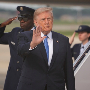 President Trump waves after arriving off Air Force One, Friday, Aug. 28, 2026, at Joint Base Andrews, Md.