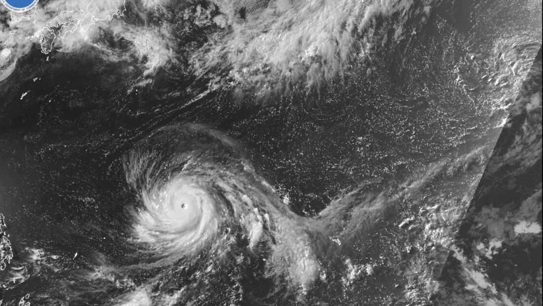 This satellite image from the National Oceanic and Atmospheric Administration shows Typhoon Bavi nearing the U.S. Pacific island territory of Guam on Sunday, July 5, 2026.