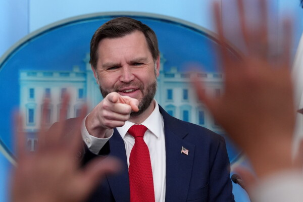 Vice President JD Vance points to a reporter to take a question in the James Brady Press Briefing Room at the White House, Thursday, June 18, 2026, in Washington.