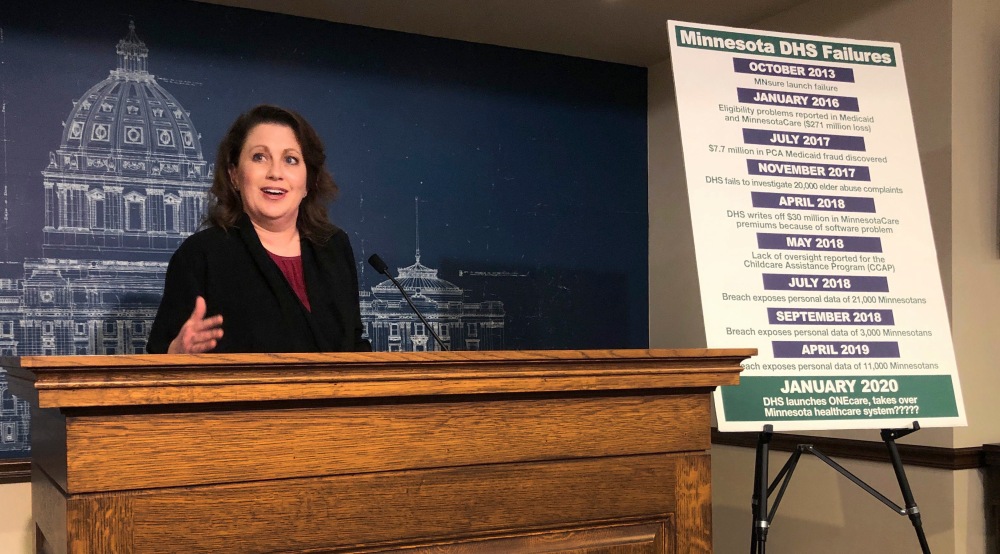 State Sen. Michelle Benson reacts at a news conference on April 10, 2019, at the Minnesota State Capitol in St. Paul to a report by the state's legislative auditor on combatting fraud in Minnesota's Child Care Assistance Program. (AP)