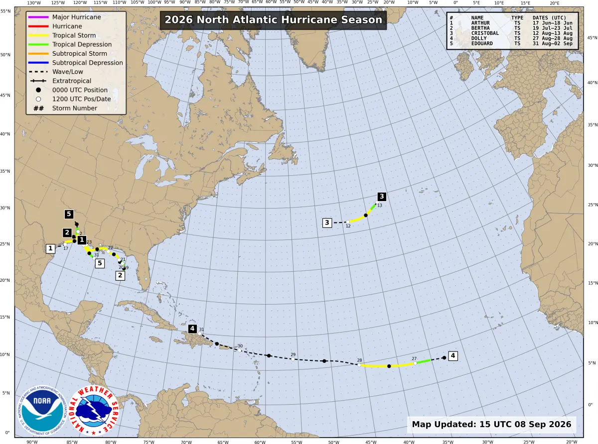 Map showing the 2026 hurricane season.