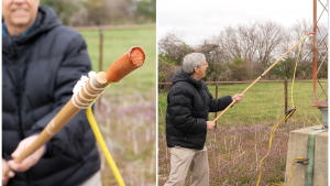 Screenshots from a March 2024 YouTube video show radio engineer Joe Geerling using a long stick and jumper cables to test the power of an AM radio tower in St. Charles. The end of the hotdog was burned away in seconds.