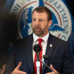 Department of Homeland Security Secretary Markwayne Mullin speaks during a news conference July 1 in New York.