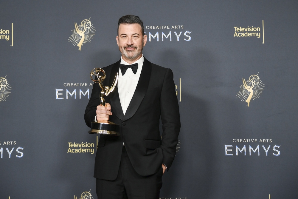 Jimmy Kimmel poses in the press room with the award for host for a game show for <em>Who Wants to Be a Millionaire</em> during night two of the Creative Arts Emmy Awards on Sunday, Sept. 7, 2025, at the Peacock Theater in Los Angeles. (AP)