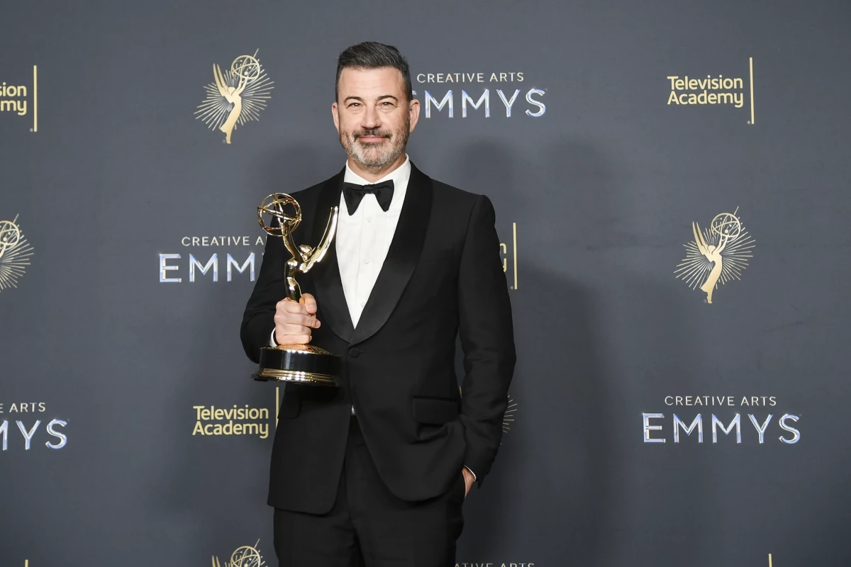 Jimmy Kimmel poses in the press room with the award for host for a game show for Who Wants to Be a Millionaire during night two of the Creative Arts Emmy Awards on Sunday, Sept. 7, 2025, at the Peacock Theater in Los Angeles.