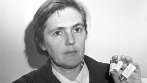 Dr. Frances Oldham Kelsey, then-pharmacologist at the Food and Drug Administration in Washington, holds three packages of Contergan, the German brand name for Thalidomide, on Oct. 15, 1962. Kelsey prevented the FDA from approving the drug for general use in the United States.