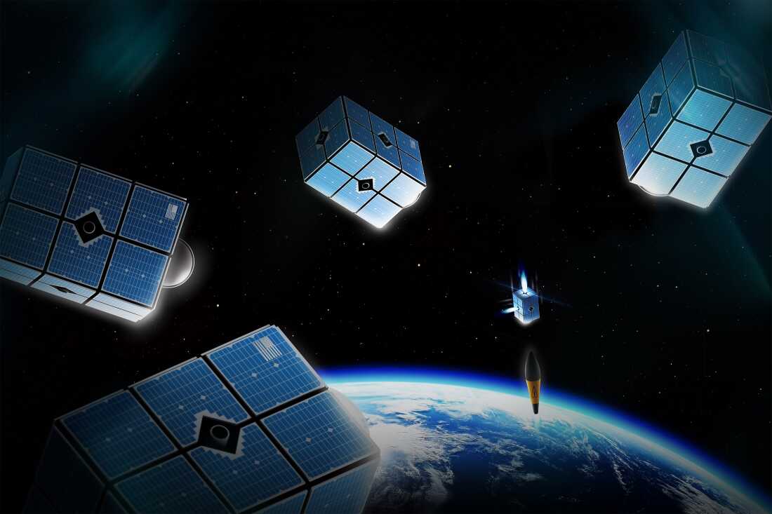 An artist's rendering of Brilliant Swarms, a proposed space-based missile defense system from the firm Booz Allen Hamilton. The small cubesats would act as both sensors and interceptors to catch missiles early in flight.
