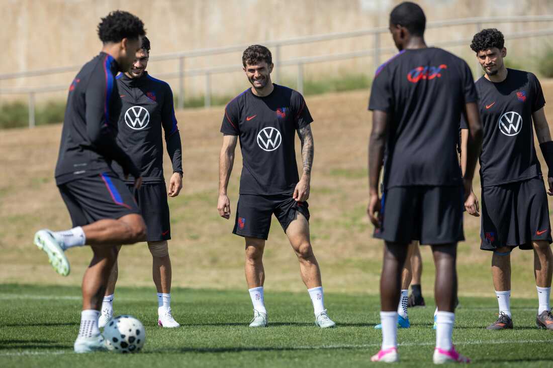 Christian Pulisic (center) warms up with other members of the U.S. men's national soccer team at the Atlanta United training center in Marietta, Ga. on Friday. The U.S. squad is preparing for two key pre-World Cup games in Atlanta against Belgium on Saturday and Portugal on Tuesday.