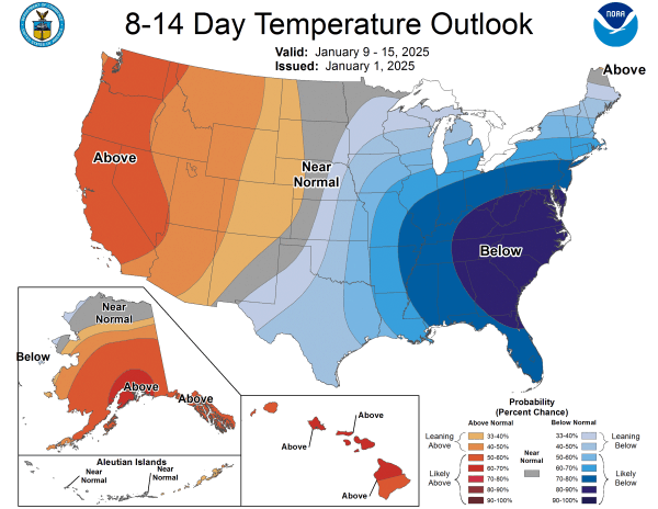 This color-coded U.S. map shows where temperatures are likely to be average or below average from early to mid-January.