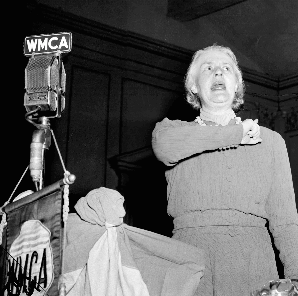 Thompson, who was ejected from a German American Bund rally for heckling, received an ovation as she spoke at the 'tolerance meeting' in New York City on March 3, 1939. The meeting was held in response to the pro-Nazi Bund rally.