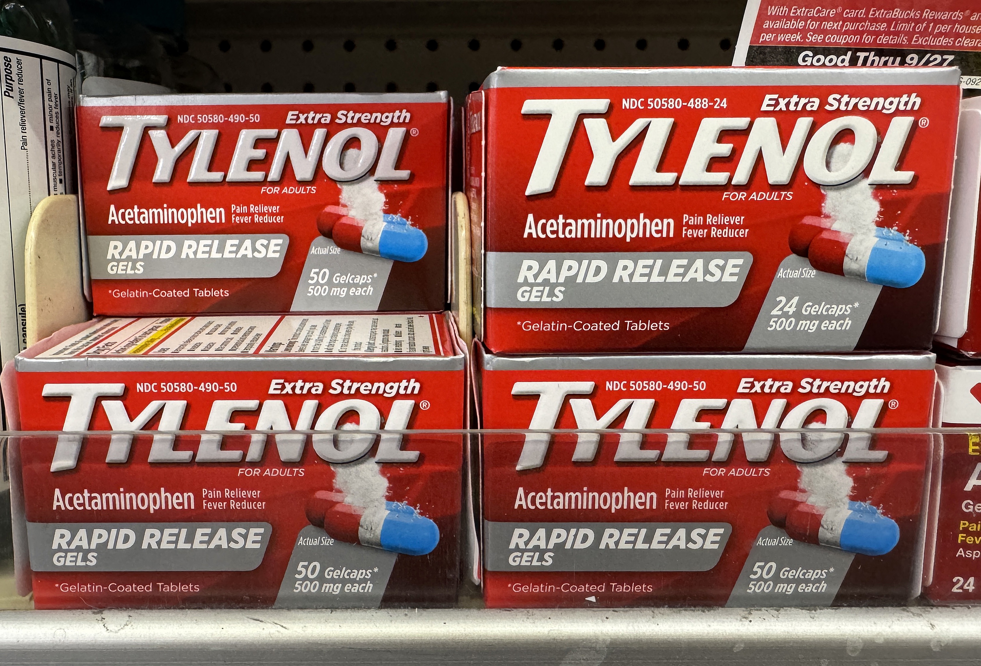 Packages of Tylenol are displayed on a shelf at a CVS store on September 22, 2025 in Greenbrae, California. The Trump administration linked use of the painkiller acetaminophen during pregnancy to autism in a White House press conference Monday.
