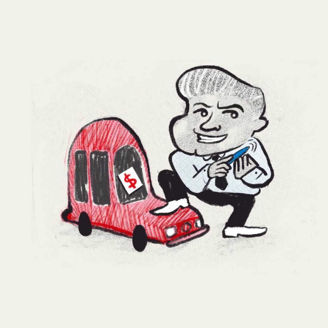 Illustration of a used car salesman with a mischievous grin