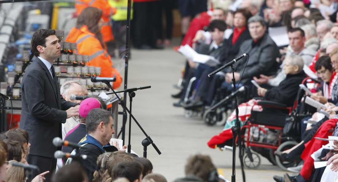 Then-Culture, Media and Sport Secretary Andy Burnham speaks at an official memorial event at Liverpool's Anfield Stadium to mark the 20th anniversary of the Hillsborough disaster in which 96 football fans died.