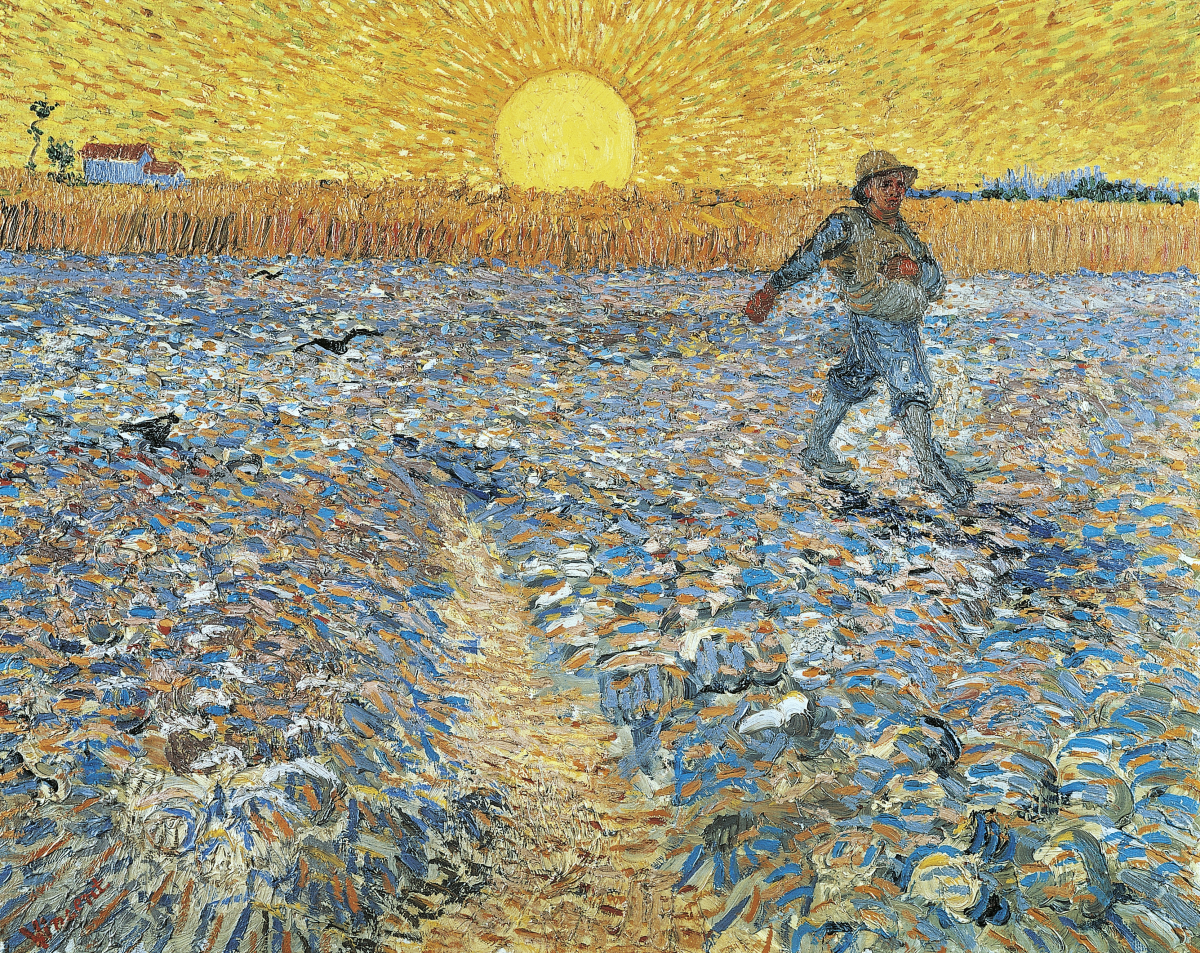 Vincent van Gogh's 1888 painting 'The Sower' depicts a man broadcasting seeds by hand.