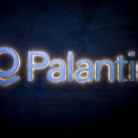 The logo of the big data analytics software company Palantir Technologies on display during the World Economic Forum (WEF) annual meeting in Davos, on Jan. 23, 2025.