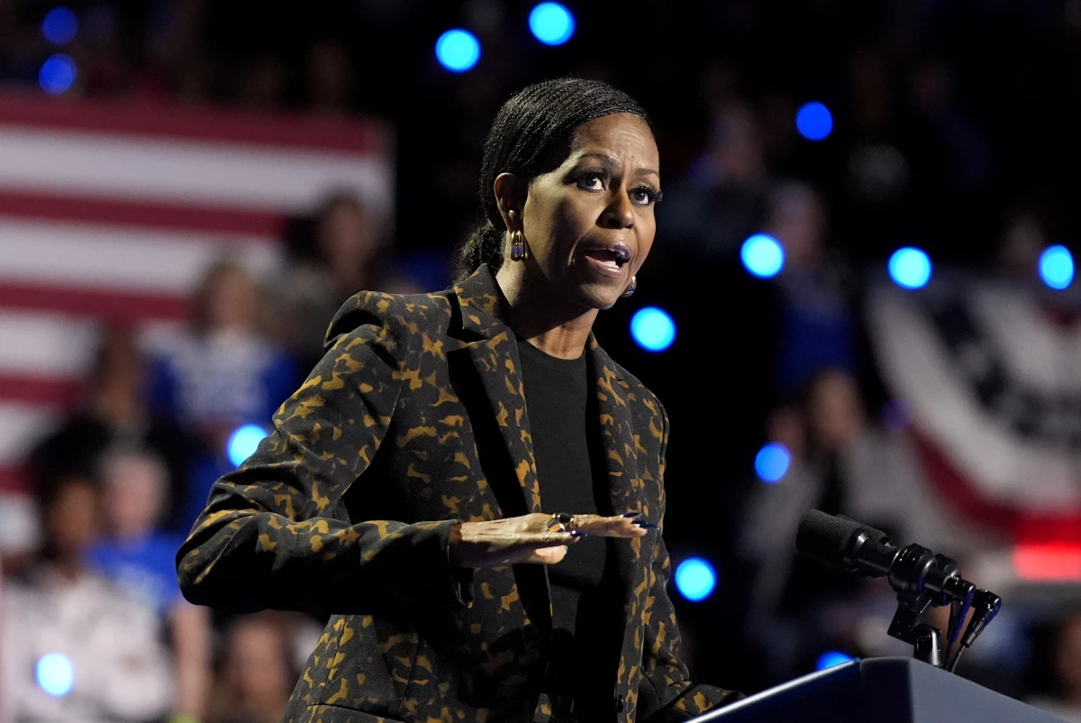 Former first lady Michelle Obama speaks at a campaign rally for Vice President Harris in Kalamazoo, Mich., on Oct. 26, 2024.