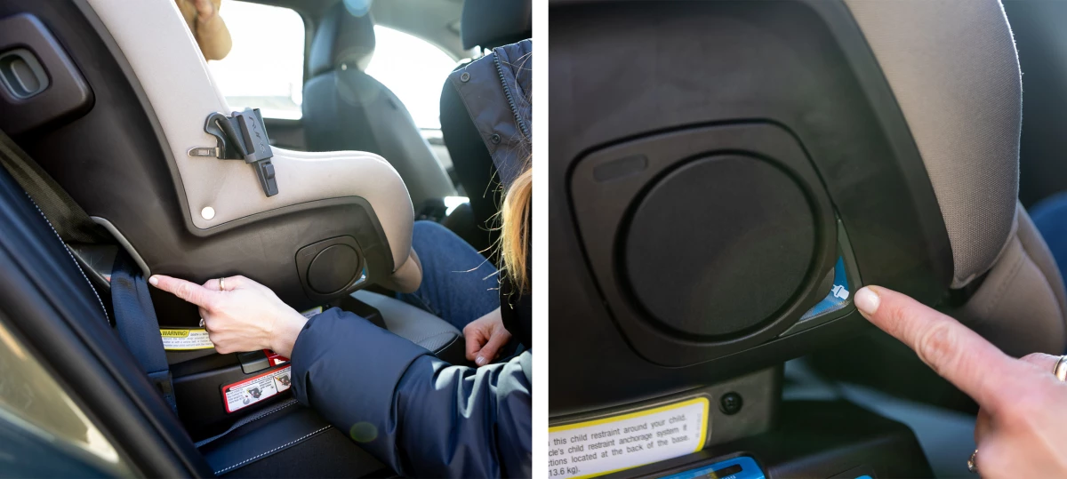 Convertible or all-in-one car seats have two sets of belt paths: one for the forward-facing position, shown on the left, and one for the rear-facing position, shown on the right.