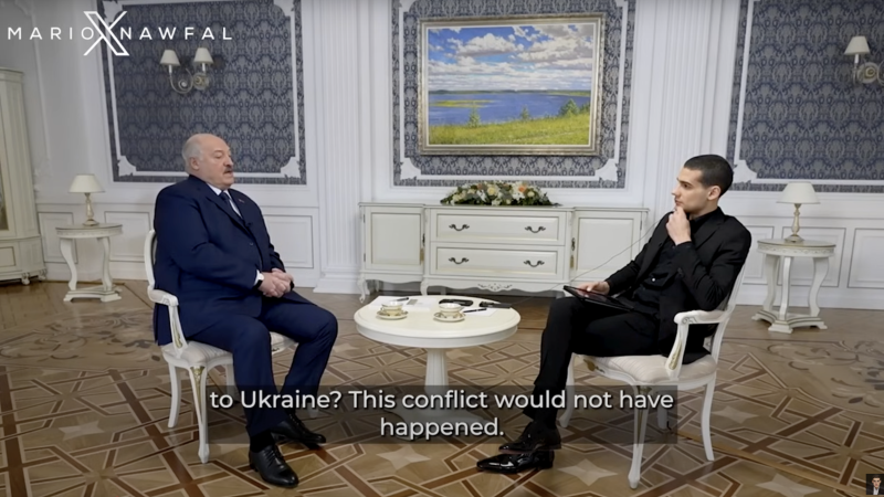 Influencer Mario Nawfal, right, interviewing Belarussian president Aleksandr Lukashenko earlier this year. Lukashenko repeated Russian talking points in the interview about Russia's invasion of Ukraine.