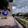 A14-foot tall blue rooster sculpture overlooks the race track from the roof of the National Gallery of Art's East Building in Washington, D.C.