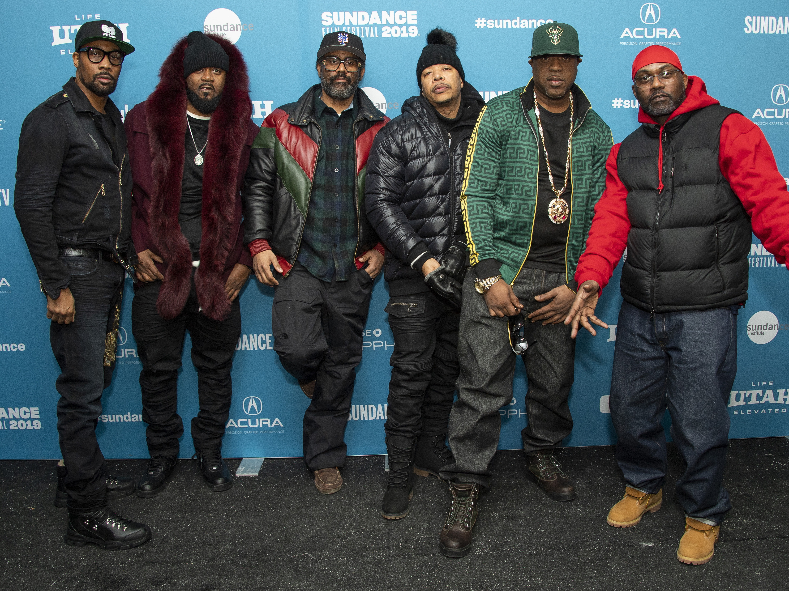 From left, Wu-Tang Clan members RZA, Ghostface Killah, director Sacha Jenkins and Wu-Tang Clan members U-God, Cappadonna and Masta Killa pose at the premiere of "Wu-Tang Clan: Of Mics and Men" during the 2019 Sundance Film Festival on Jan. 28, 2019, in Park City, Utah.