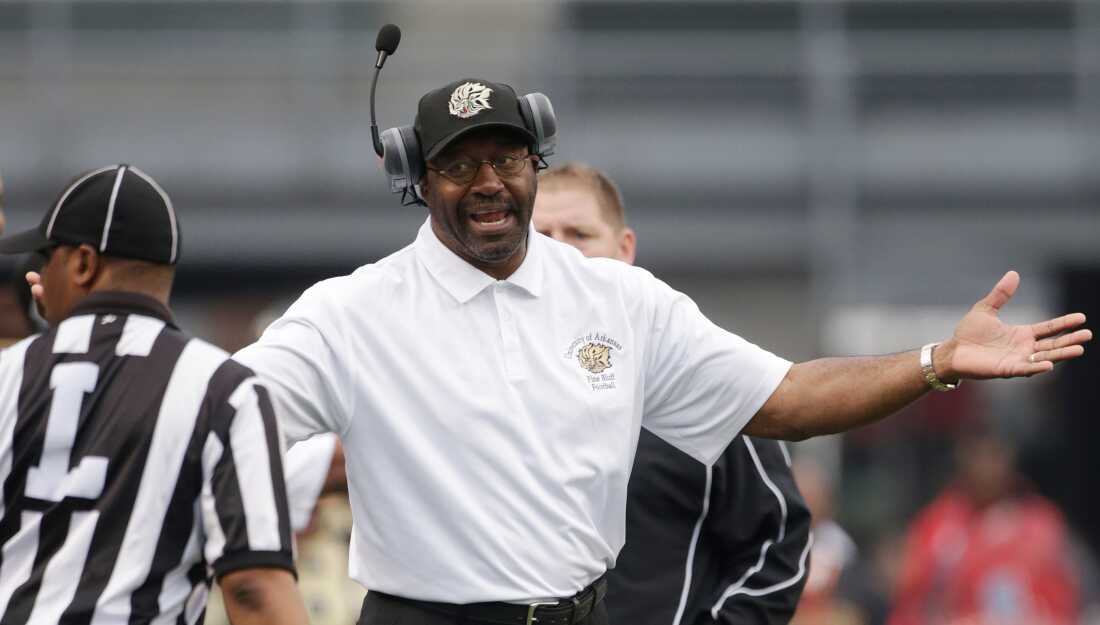 Arkansas-Pine Bluff head coach Monte Coleman argues a call in the first half of an NCAA college football game for the SWAC championship against Jackson State at Legion Field, in Birmingham, Ala., Saturday, Dec. 8, 2012.