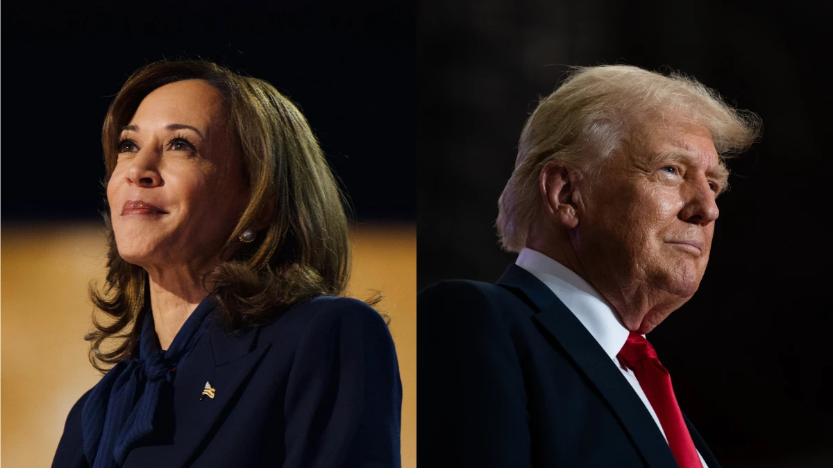 Left: Vice President Harris delivers a speech as she accepts the party's nomination to be its presidential candidate at the Democratic National Convention in Chicago on Aug. 22, 2024. Right: U.S. Republican presidential nominee former President Donald Trump arrives to speak during a rally at Herb Brooks National Hockey Center on July 27, 2024 in St Cloud, Minn.