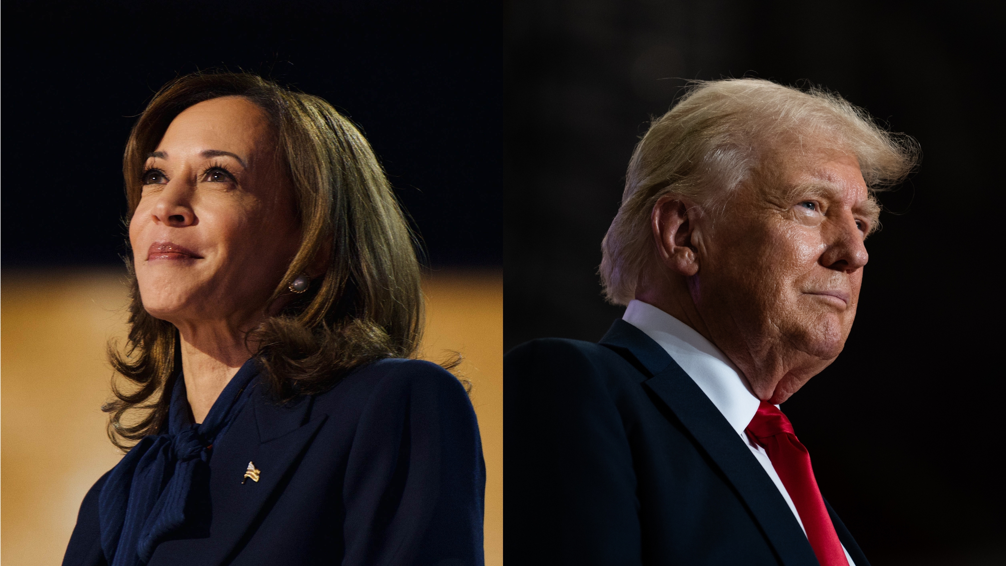 Left: Vice President Harris delivers a speech as she accepts the party's nomination to be its presidential candidate at the Democratic National Convention in Chicago on Aug. 22, 2024. Right: U.S. Republican presidential nominee former President Donald Trump arrives to speak during a rally at Herb Brooks National Hockey Center on July 27, 2024 in St Cloud, Minn.