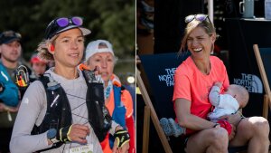 On the left, Stephanie Case in cap and running vest during the Ultra-Trail Snowdonia race. On the right, Case sits and breastfeeds her baby.