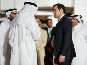 Bahrain's Foreign Minister Abdullatif bin Rashid Al Zayani speaks with U.S. Secretary of State Marco Rubio, right, upon arrival at Bahrain International Airport during his visit to the Middle East to discuss the interim deal between the U.S. and Iran with Arab Gulf allies, in Muharraq, near Manama, Bahrain, Wednesday June 24, 2026.