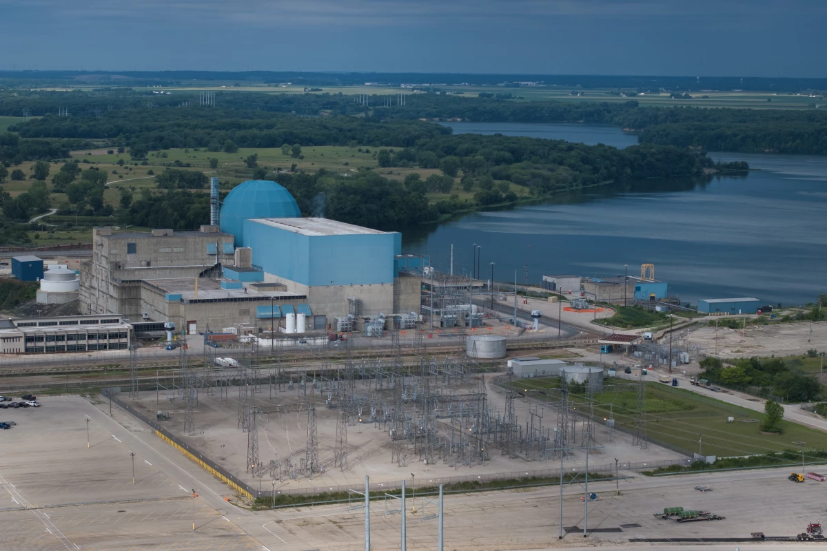 An aerial view shows Constellation's Clinton Clean Energy Center's single nuclear reactor power plant in Illinois. Meta recently signed a 20-year power purchase agreement with Constellation for the output from the plant.