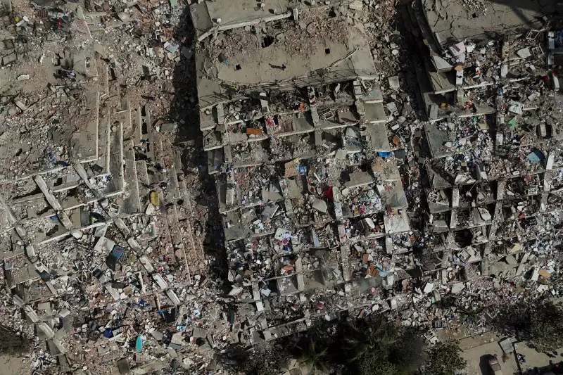 Damaged buildings are seen three days after earthquakes struck in La Guaira, Venezuela, Saturday, June 27, 2026.