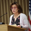 FCC Commissioner Anna Gomez speaks at a news conference following an FCC meeting in Washington on Feb. 18, 2026.
